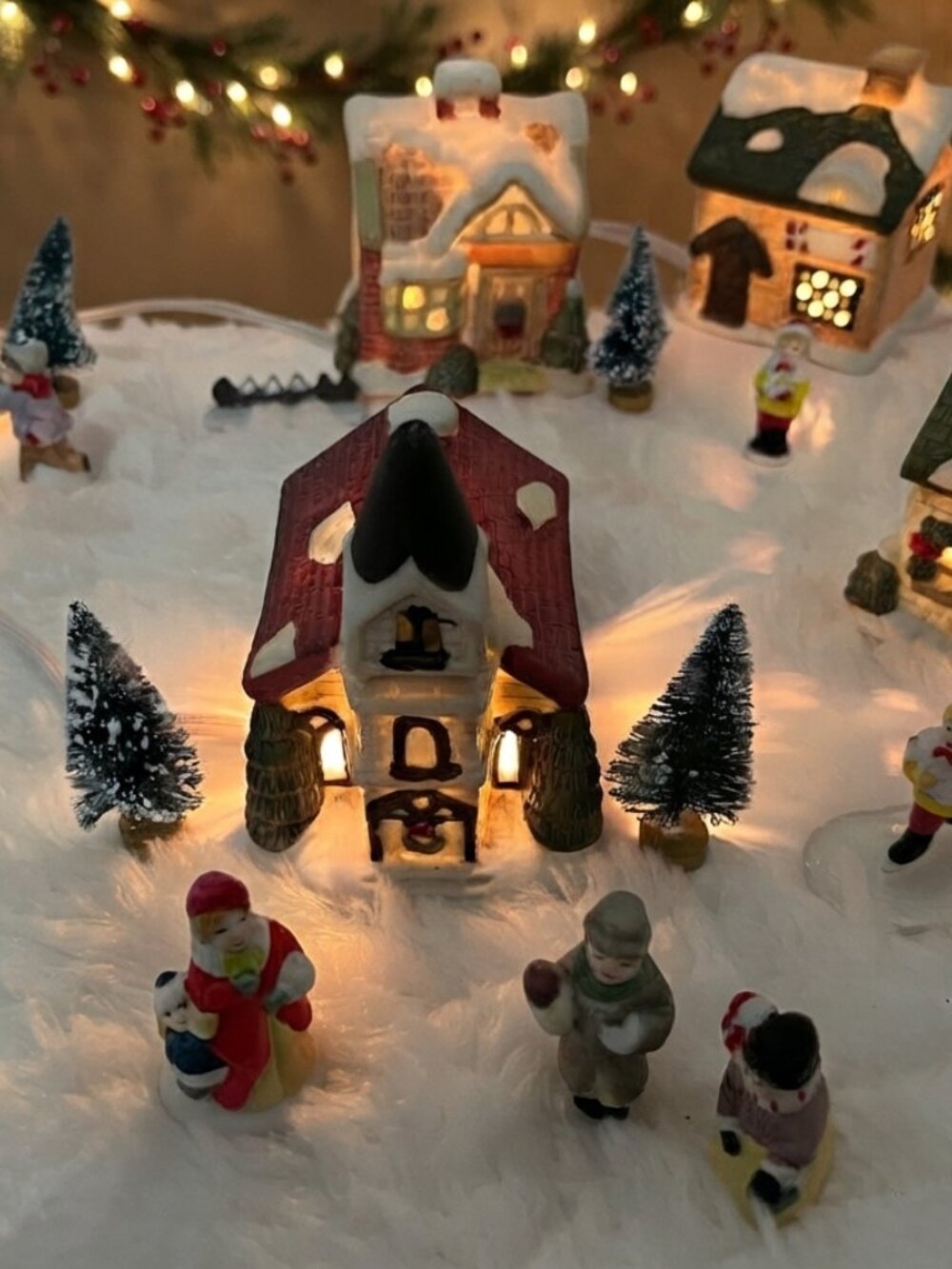 Vintage Light Up Christmas Village 17 piece Set House Church People